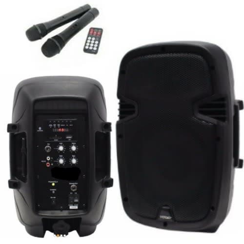 Rechargeable Powered Speaker With Two Wireless Microphones Amplifier With Echo Radio Remote And Usb