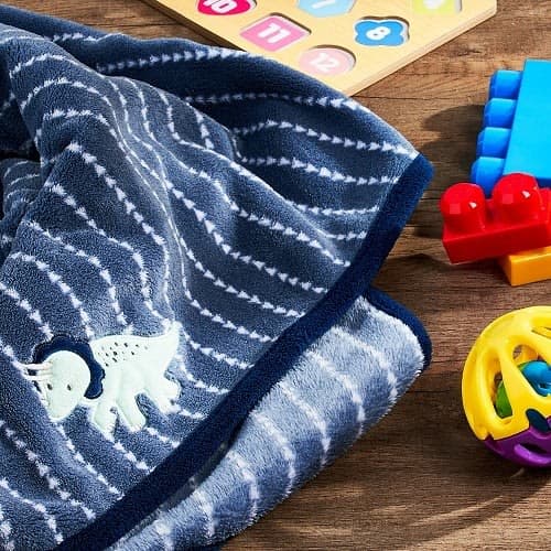 Dinosaur Plush Baby Blanket - Blue Appliqued