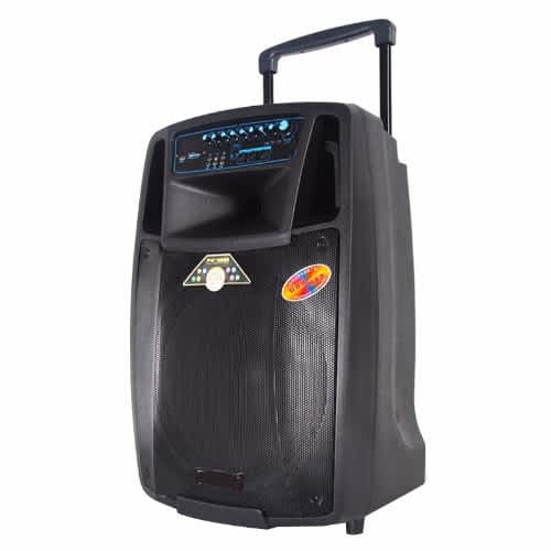 15" Trolley Rechargeable Pa Speaker With Two Wireless Mics, Bluetooth, USB & FM Radio