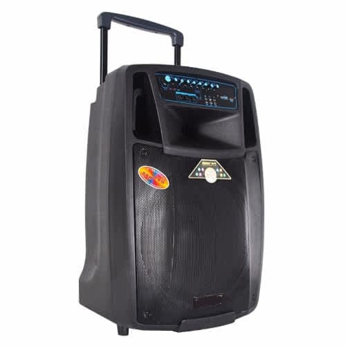 15" Trolley Rechargeable Pa Speaker With Two Wireless Mics, Bluetooth, USB & FM Radio