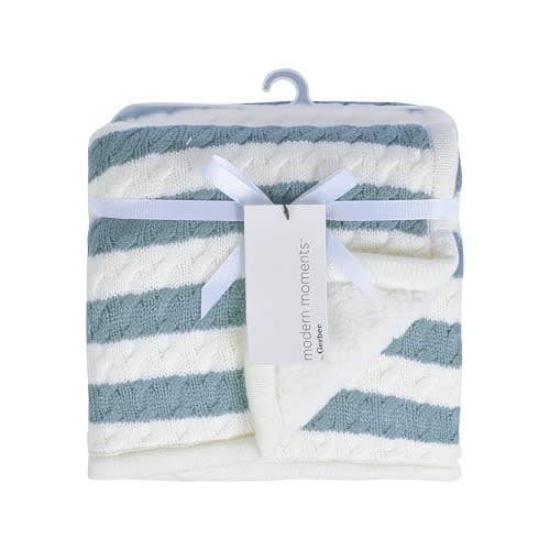 Moments Infant Baby Boy Or Girl Cable Knit Blanket With Sherpa - Blue Stripes