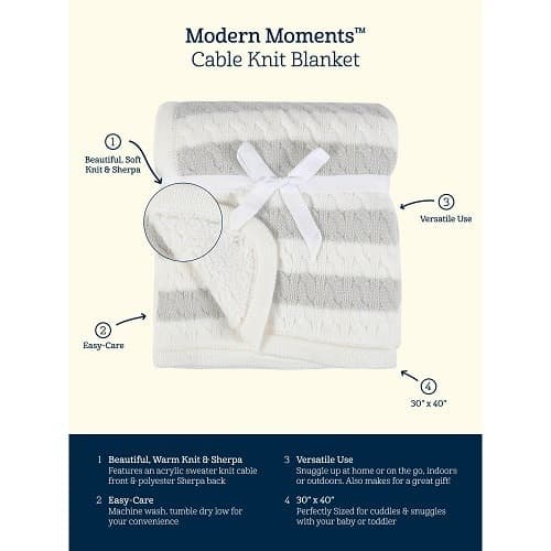 Moments Infant Baby Boy Or Girl Cable Knit Blanket With Sherpa - Blue Stripes